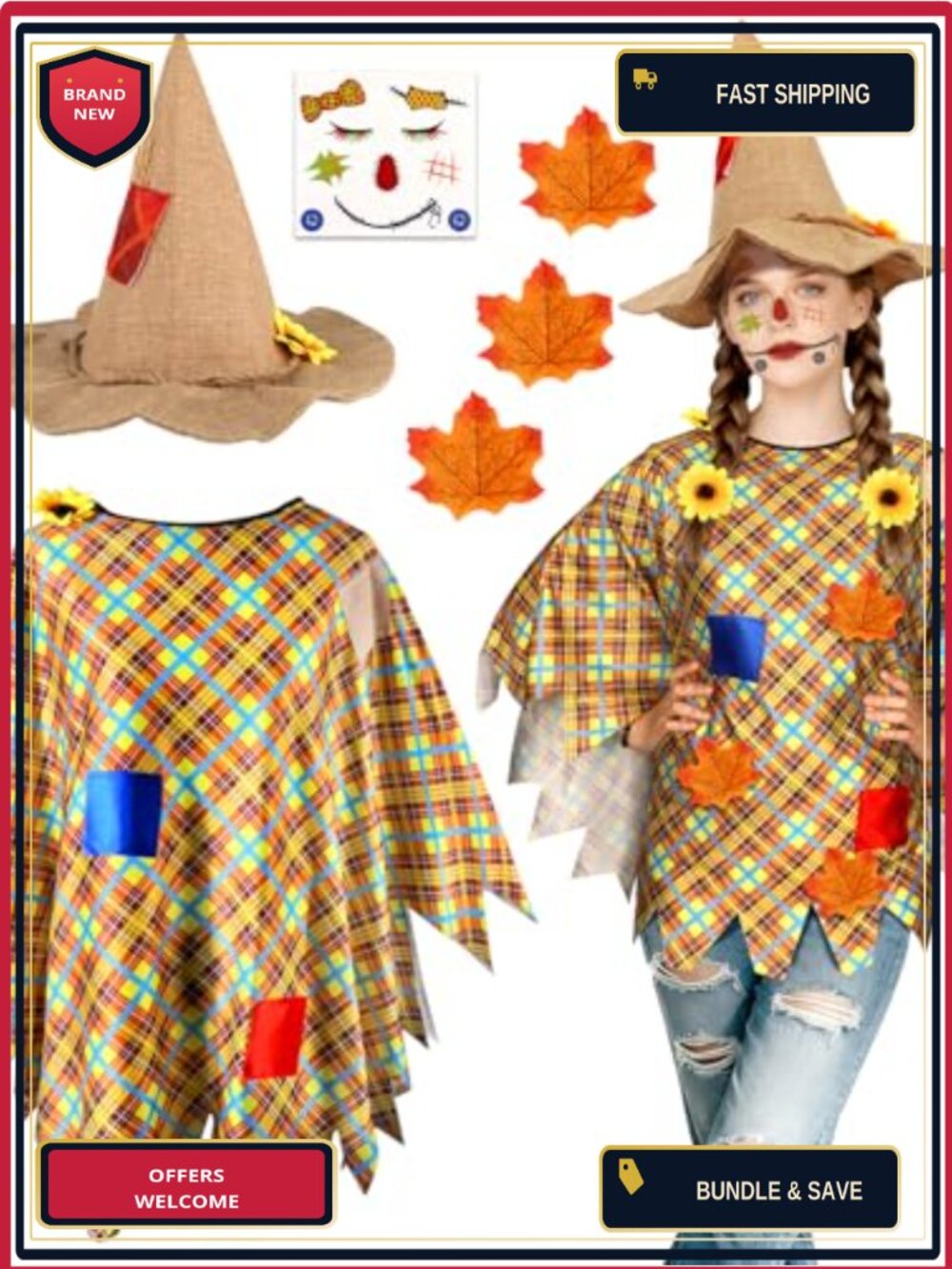 Scarecrow Costume Set Poncho Hat Face Decals Sunflower Hairbands Maple Leaf
